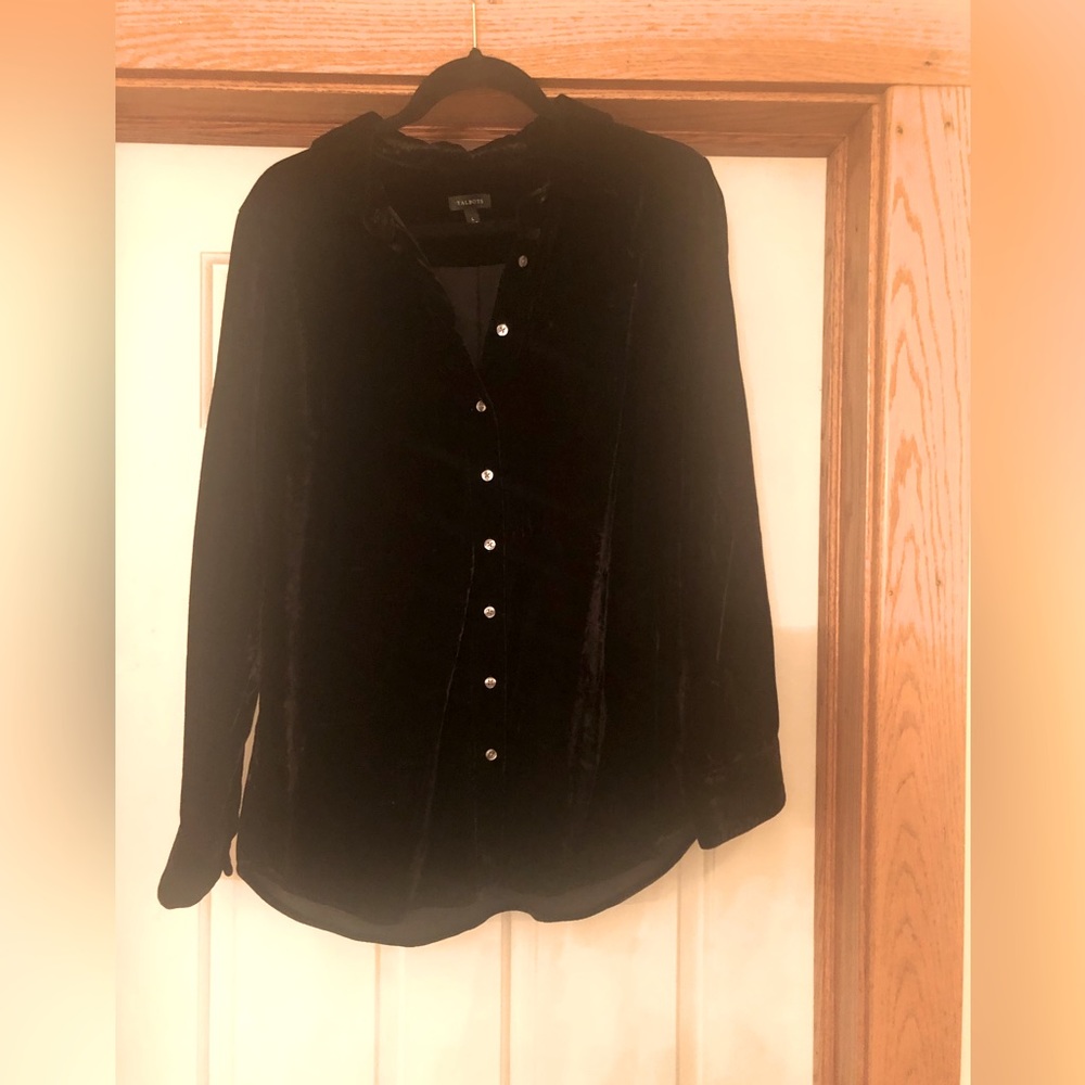 Talbots long sleeve black velvet button down shirt, Large